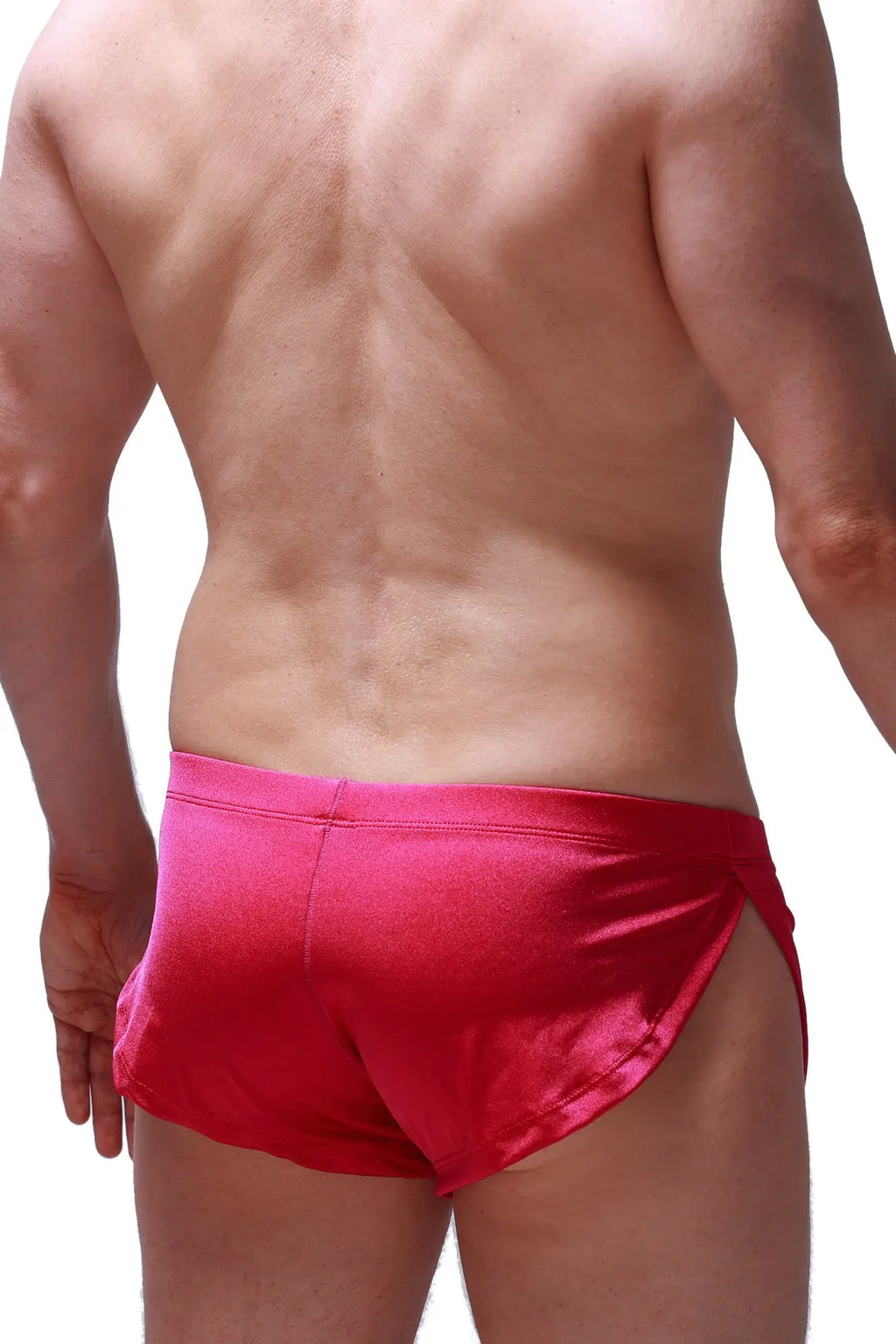 Running shorts Joe Framboise bright red satin swim trunks with sleek shiny finish and side slits for active wear