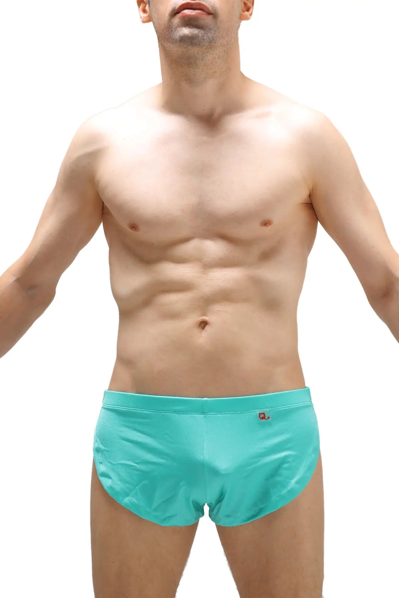 Turquoise running shorts joe green with snug fit and small red logo on waistband for athletic use
