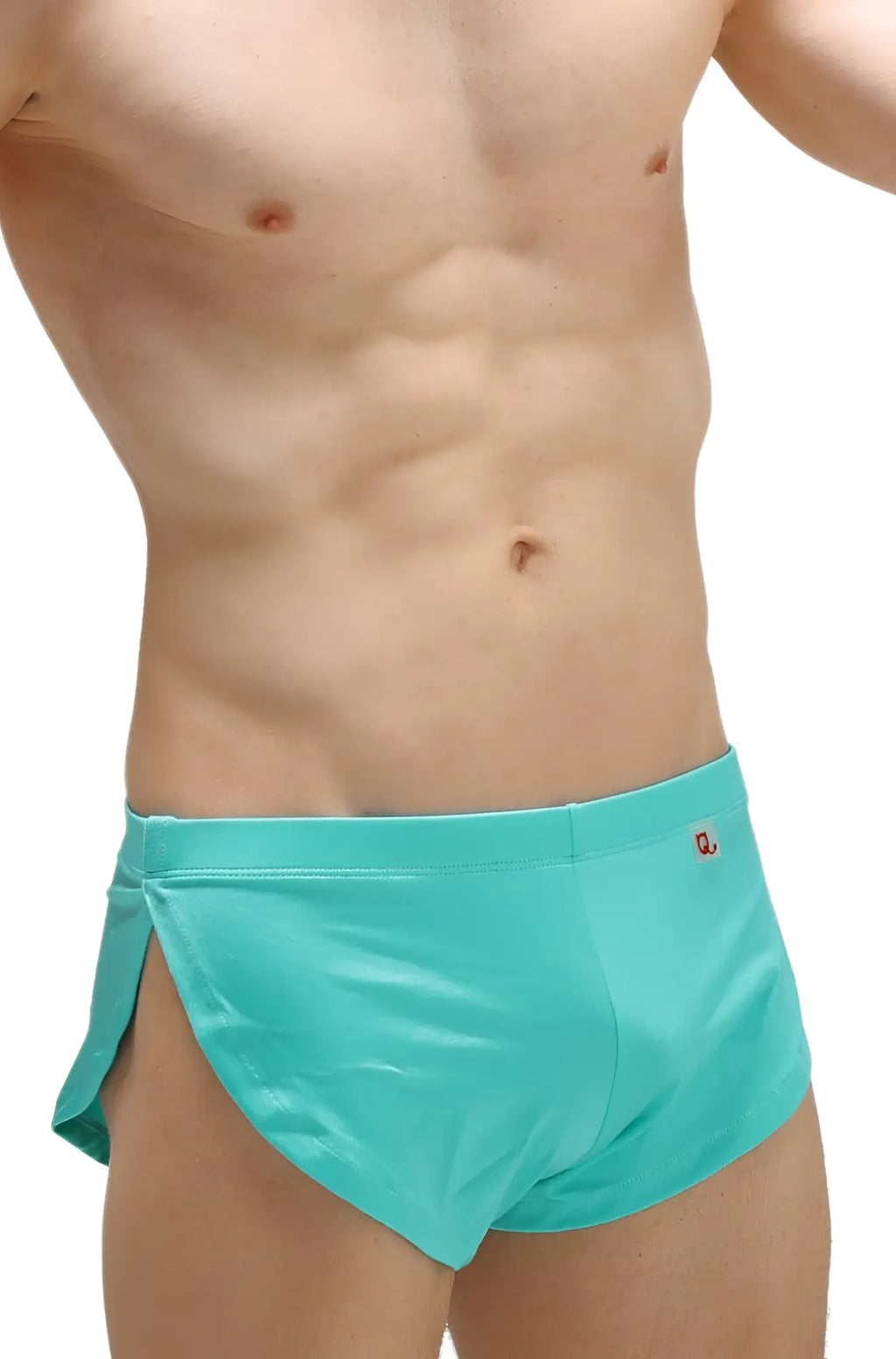 Turquoise running shorts joe green with side slit and small red logo on waistband for active wear