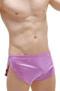 Running shorts joe purple metallic swim trunks with side slit and small red logo on the waistband