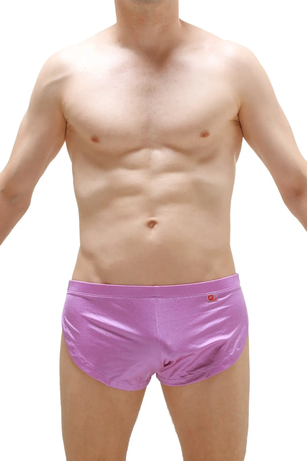 Purple satin running shorts joe briefs with a small red logo on the waistband