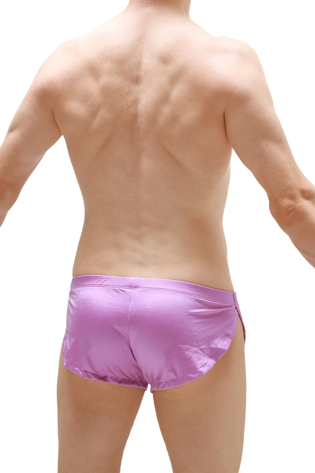 Purple satin running shorts joe featuring sleek shiny swim trunks material and vibrant color for athletic use