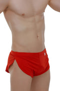 Red running shorts joe red with side slit elastic waistband designed for athletic performance