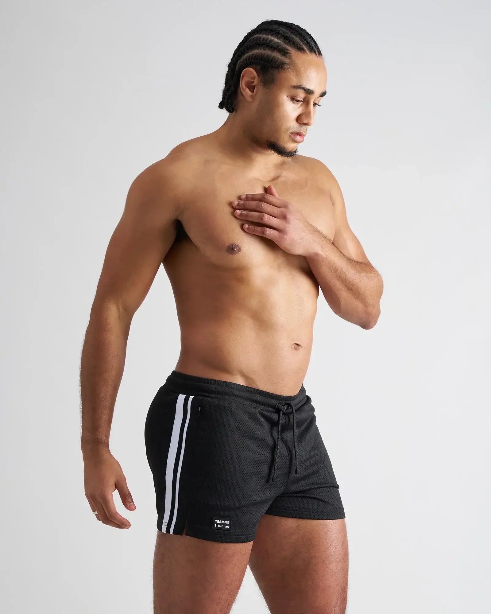 Black s.s.c. fraternity 3 mesh shorts with white side stripes and drawstring waistband for athletic use