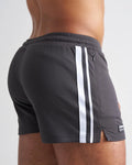 Dark gray mesh s.s.c. fraternity 3 inch athletic shorts with two white vertical stripes and black brand tag at hem