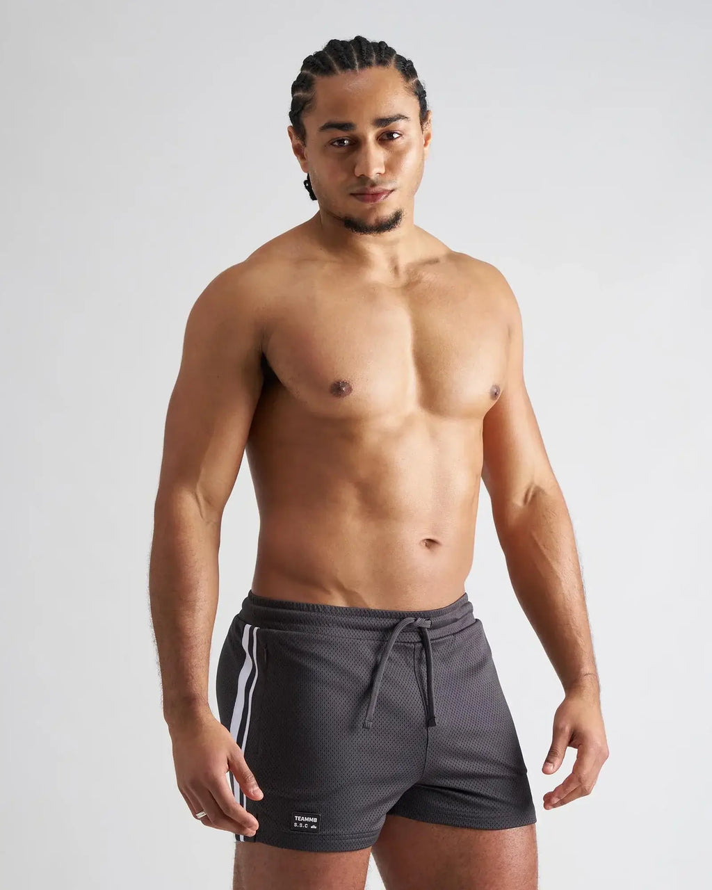 Dark gray s.s.c. fraternity 3 inch mesh shorts with white side stripes and drawstring waistband for athletic use
