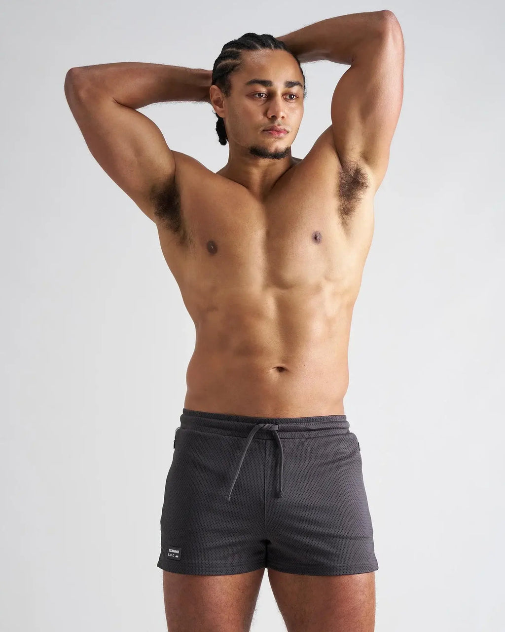 Dark gray textured s.s.c. fraternity 3 inch mesh athletic shorts with drawstring waistband for sports and casual wear