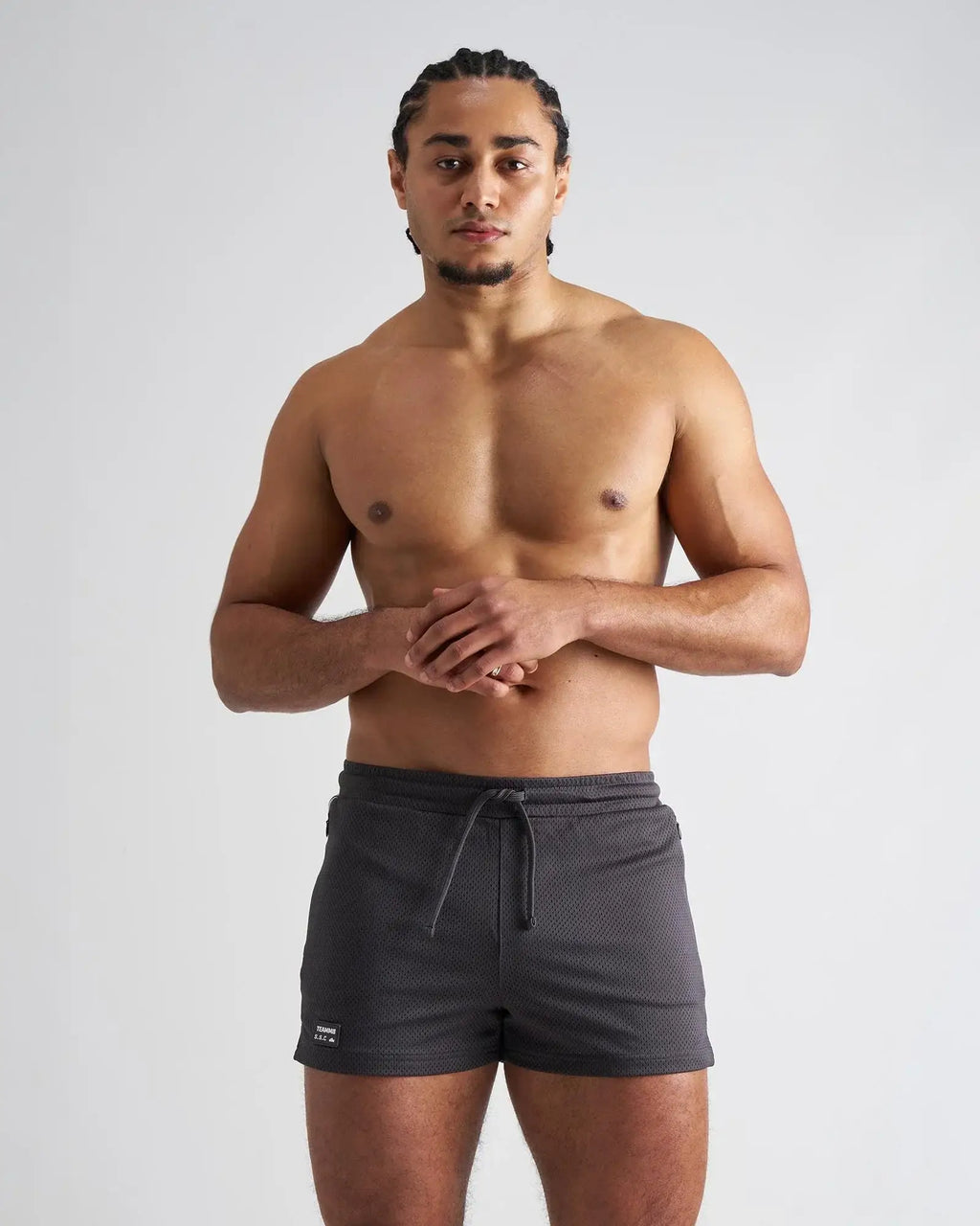 Dark gray s.s.c. fraternity 3 mesh shorts with textured fabric drawstring waistband and brand tag on lower left leg