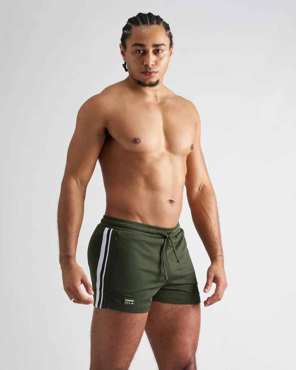 Olive green s.s.c. fraternity 3 mesh athletic shorts with white side stripes and drawstring waistband