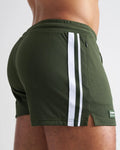 Olive green s.s.c. fraternity 3 inch mesh athletic shorts with two vertical white stripes down the side