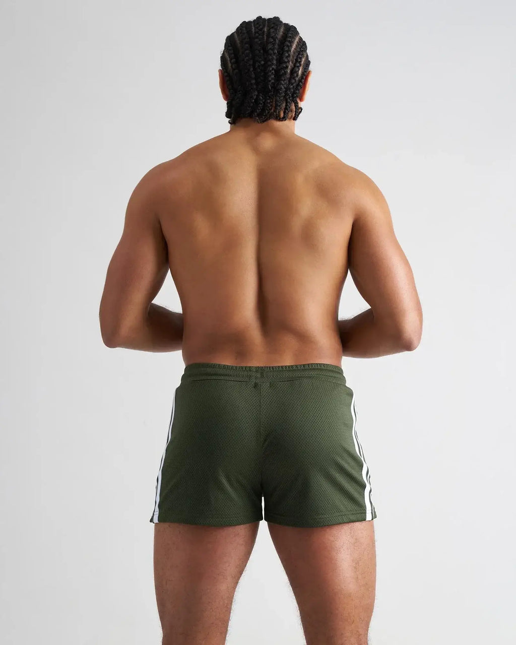 Olive green s.s.c. fraternity 3 inch mesh shorts with white side stripes designed for athletic use