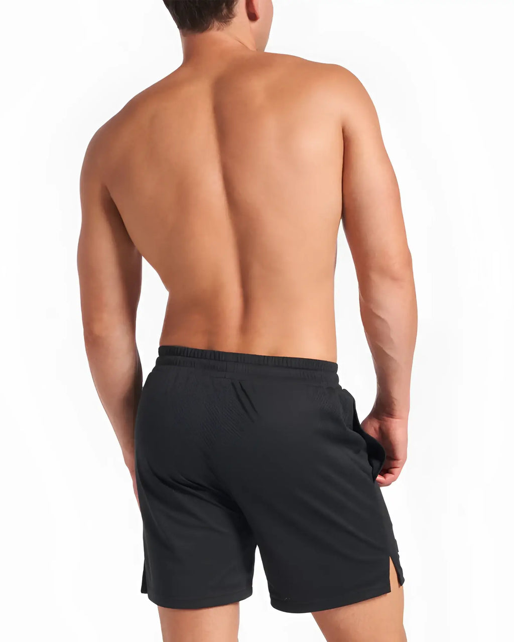 Black s.s.c. mesh 6 inch athletic shorts with textured fabric and side slits for enhanced breathability
