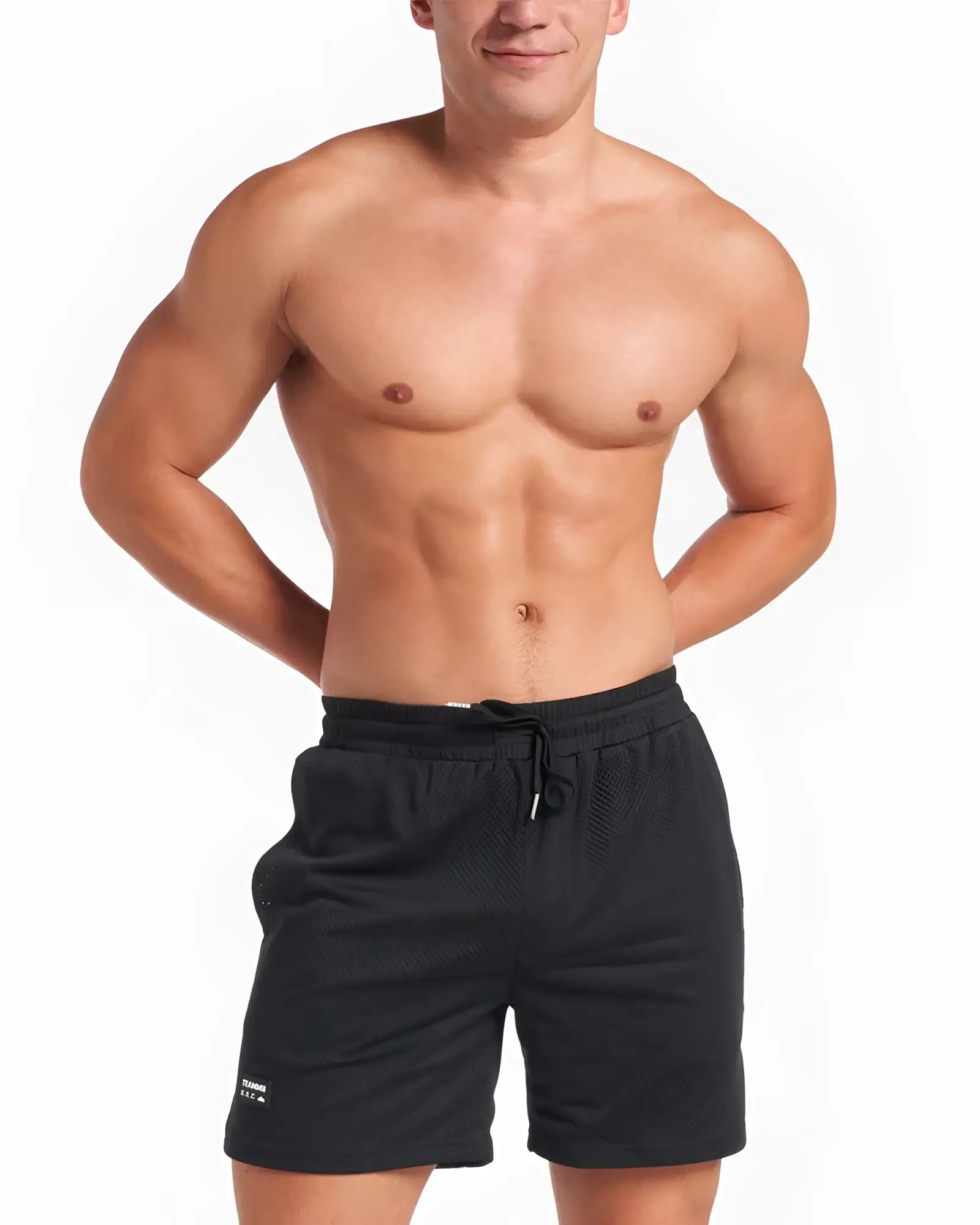 Black mesh ssc mesh 6 inch athletic shorts with drawstring waistband and small logo on lower left leg