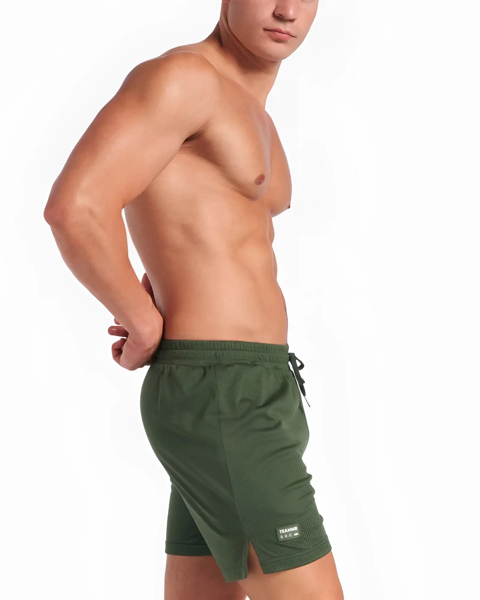 Olive green mesh athletic shorts with 6 inch inseam drawstring waistband and brand tag on lower right leg