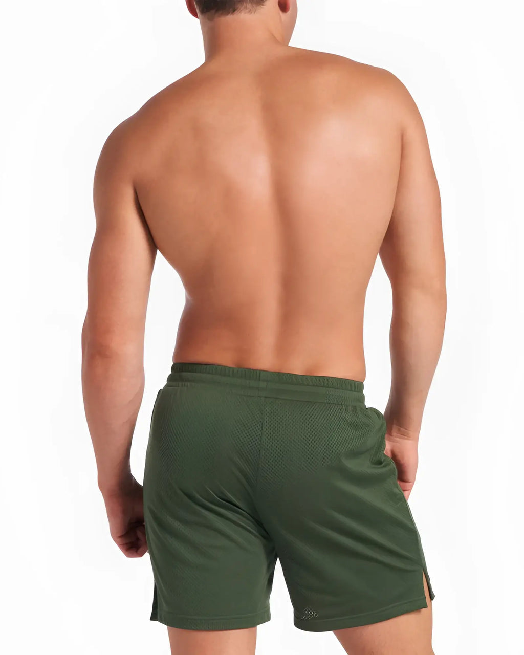 Olive green mesh ssc mesh 6 inch shorts with subtle textured pattern and side slit detailing for athletic use
