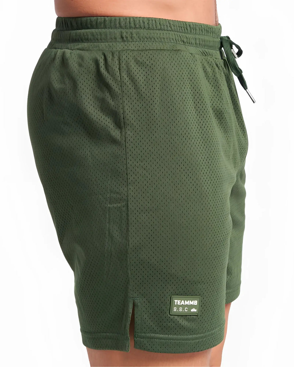 Olive green s.s.c. mesh 6 inch shorts with drawstring waistband and small brand patch on lower right leg