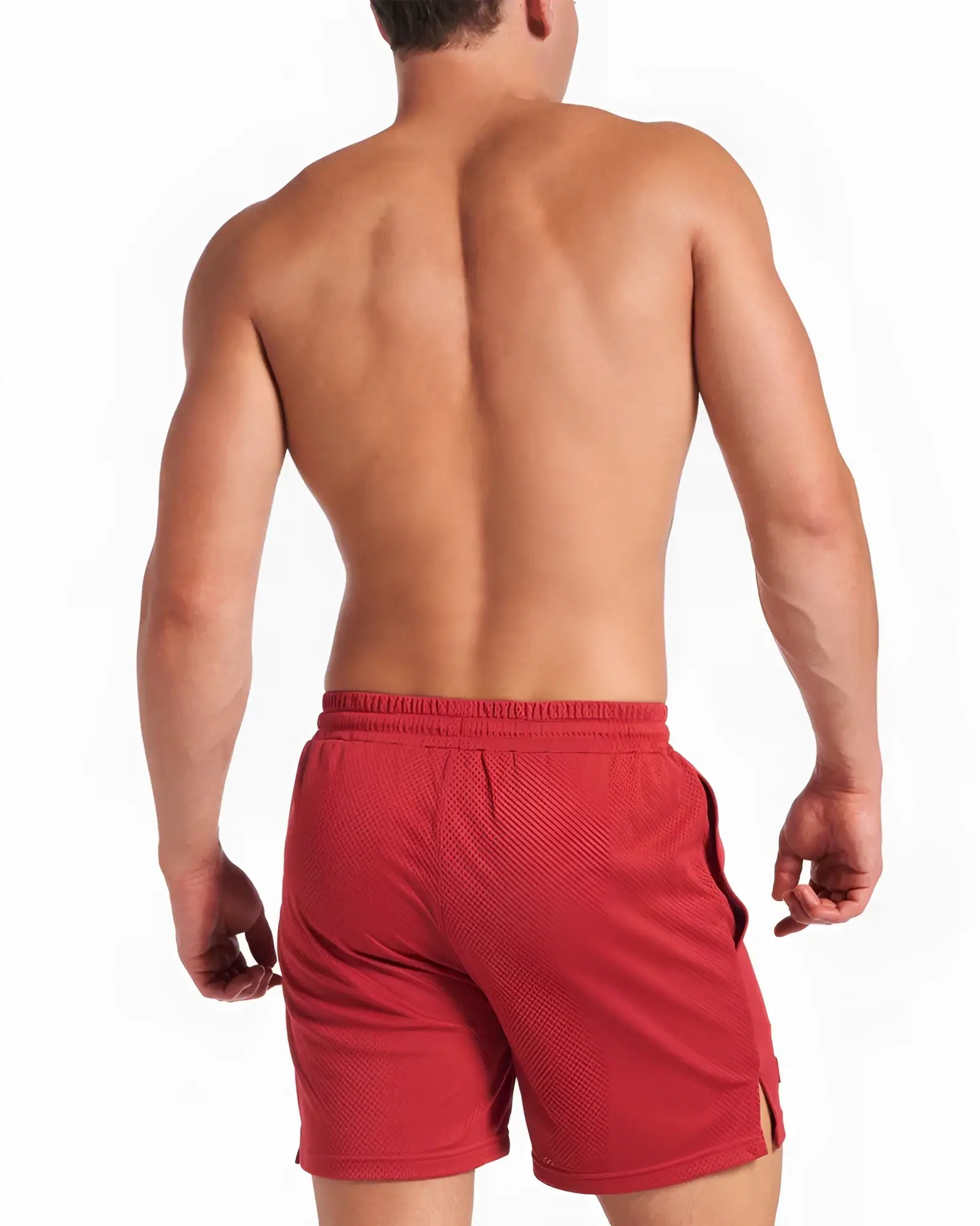 Red ssc mesh 6 inch short athletic shorts with textured mesh fabric and side slits for breathability