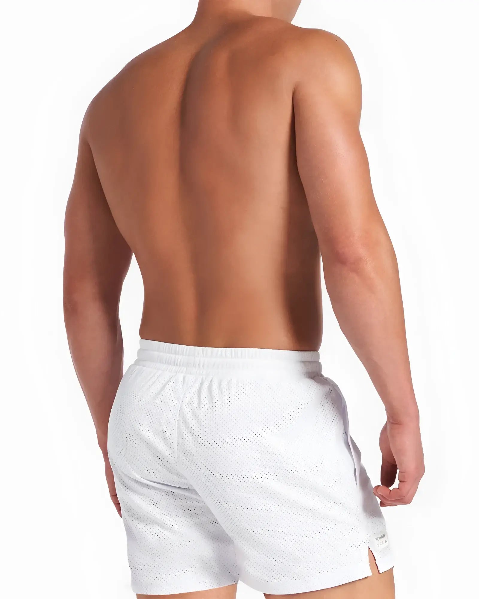 White mesh athletic shorts ssc mesh 6 inch short with subtle perforated pattern and small brand tag on side seam