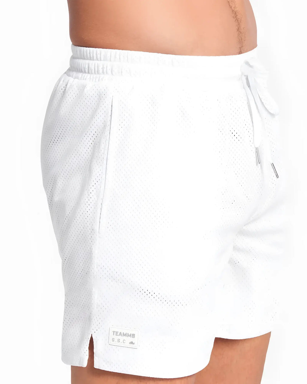 White s.s.c. mesh 6 inch shorts with drawstring waistband side pockets and teammb brand label on lower left leg