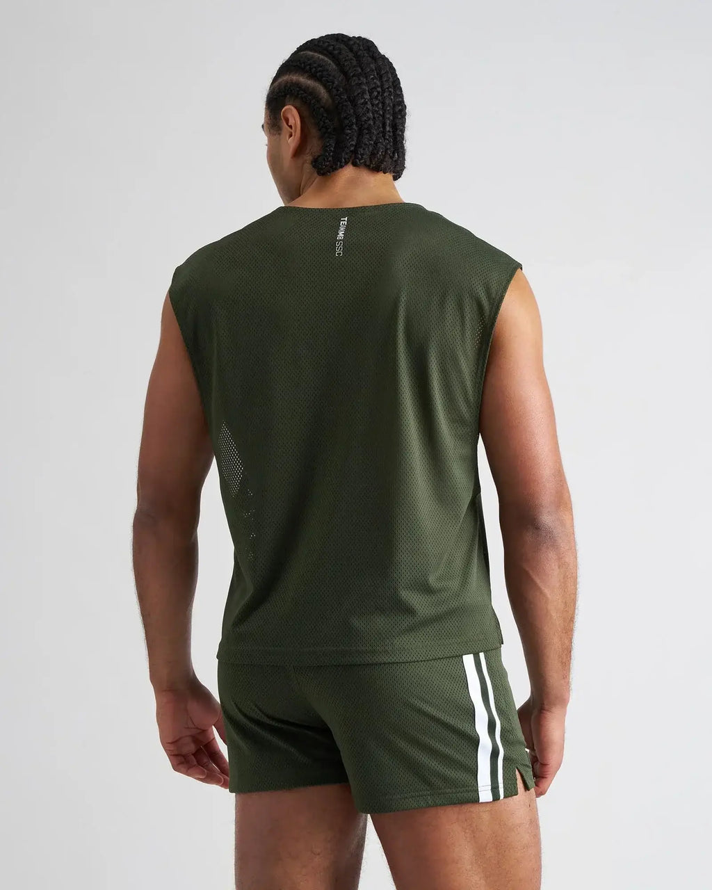 Olive green mesh sleeveless s.s.c. muscle tank with white vertical stripe detail on back and side seam visible from back