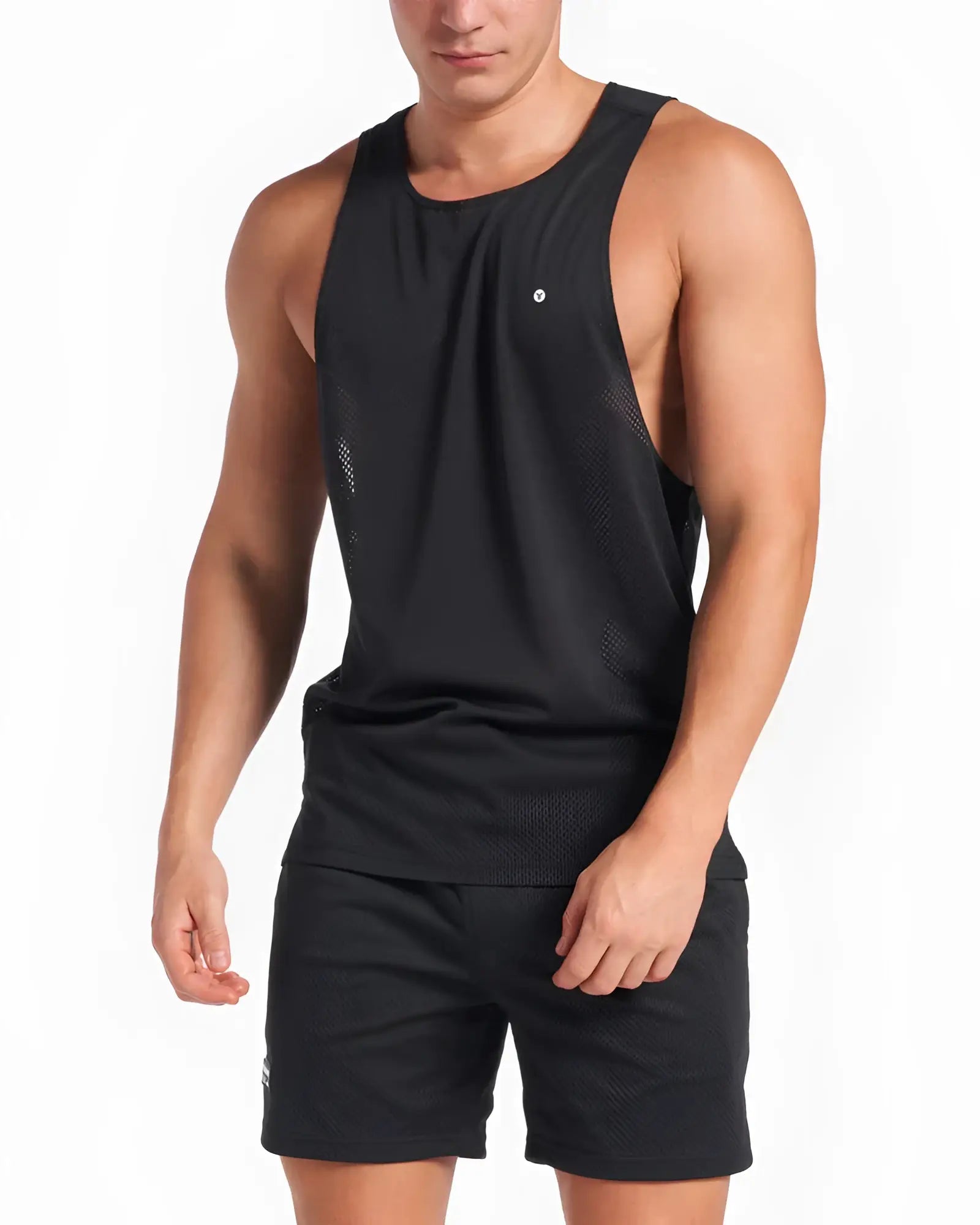 Black mesh athletic tank top with subtle chest logo made for sports and active wear in the s.s.c. mesh tank line