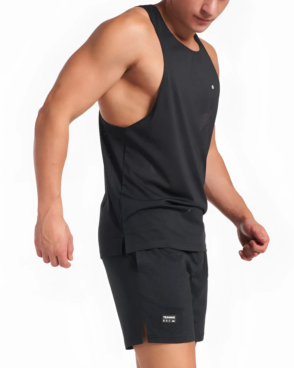 Black mesh athletic tank top with subtle textured pattern and small white logo on upper left chest s.s.c. mesh tank