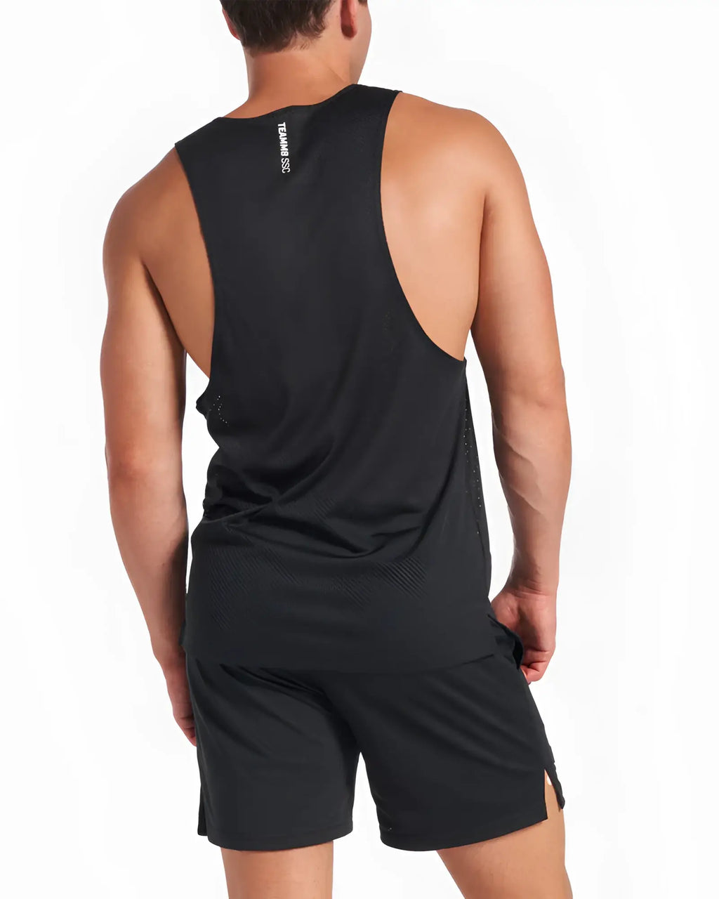 Black mesh-back tank top ssc mesh tank with subtle vertical logo on the upper back visible from the back side