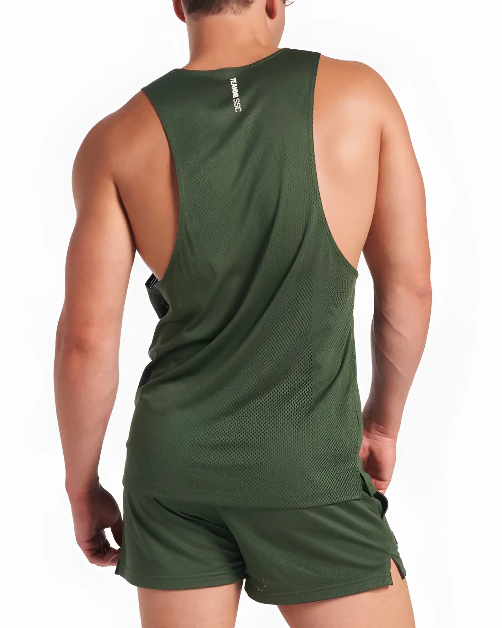 Dark green mesh athletic tank top with subtle brand logo on upper back shown from the back side