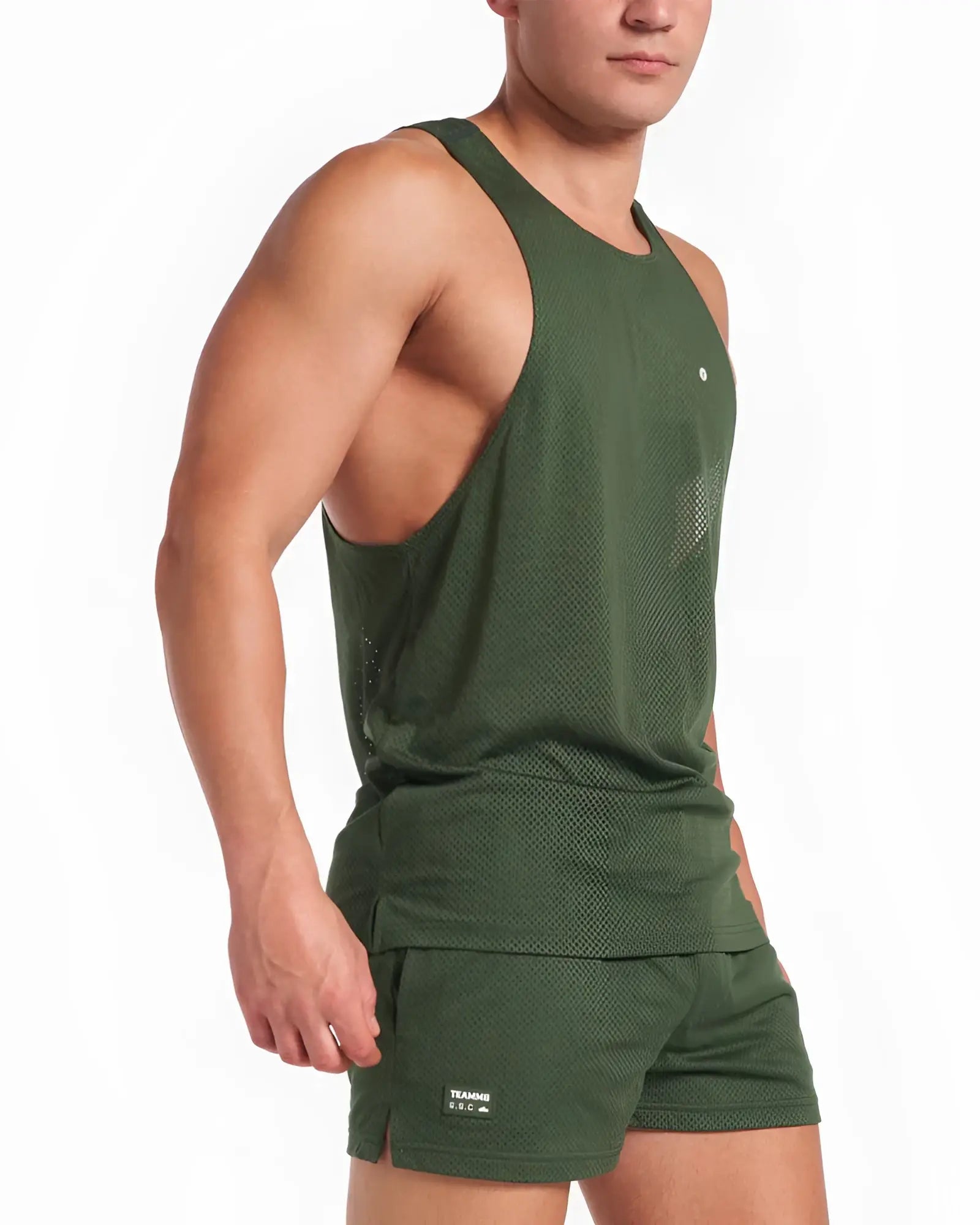 Dark green mesh s.s.c. mesh tank athletic tank top with subtle textured pattern and matching shorts