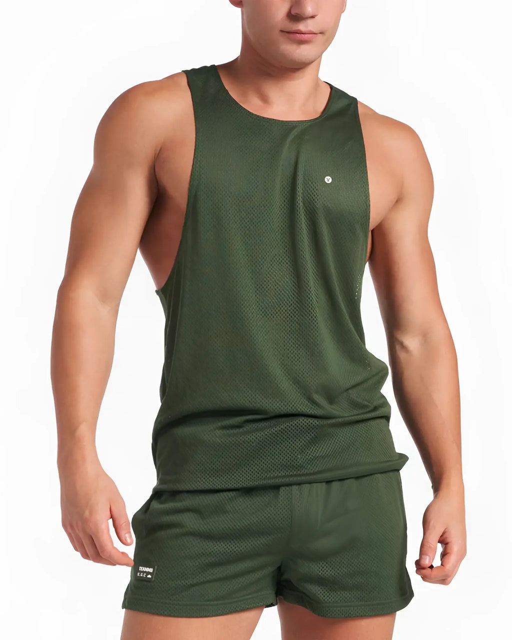 A dark green mesh tank top with round neckline and subtle chest branding from the s.s.c. mesh tank collection