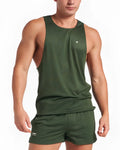 A dark green mesh tank top with round neckline and subtle chest branding from the s.s.c. mesh tank collection