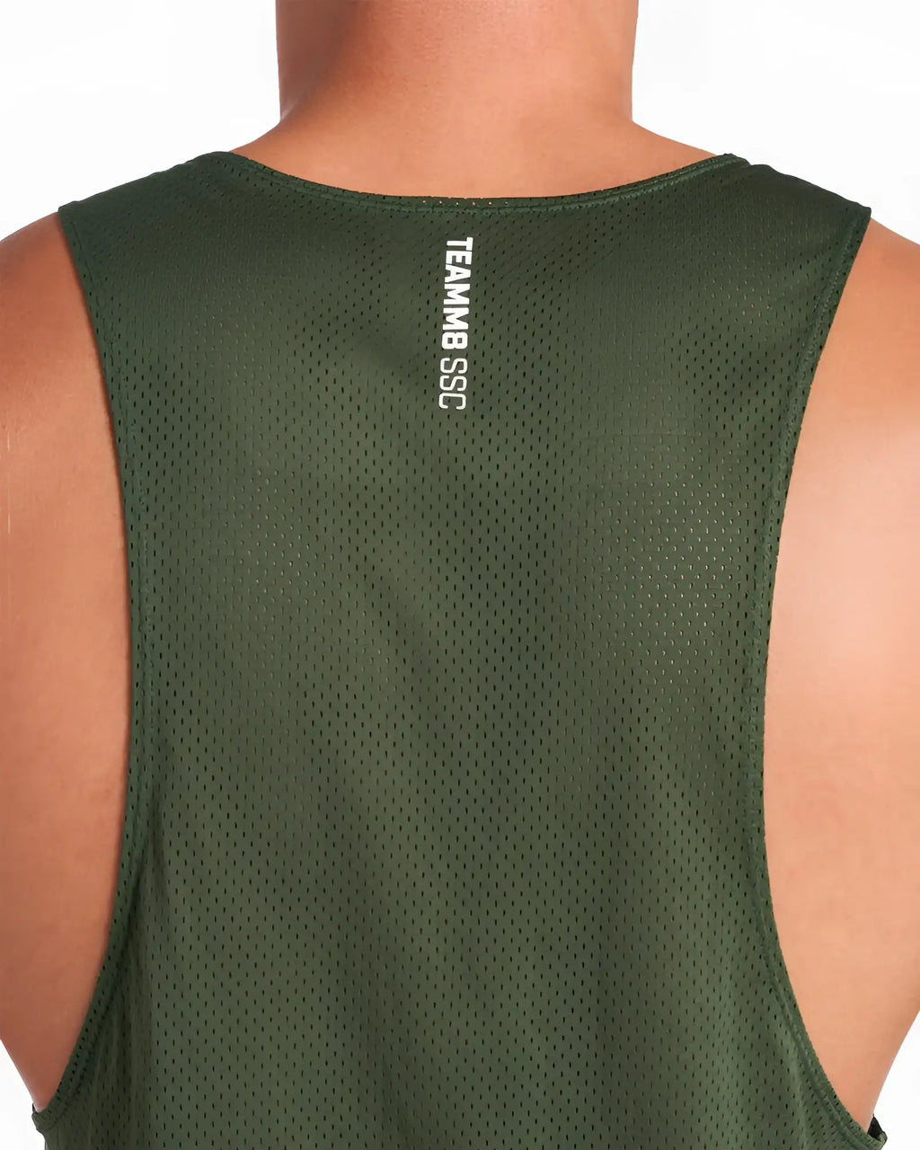 Dark green mesh ssc mesh tank showing the back with teammb ssc printed vertically in white