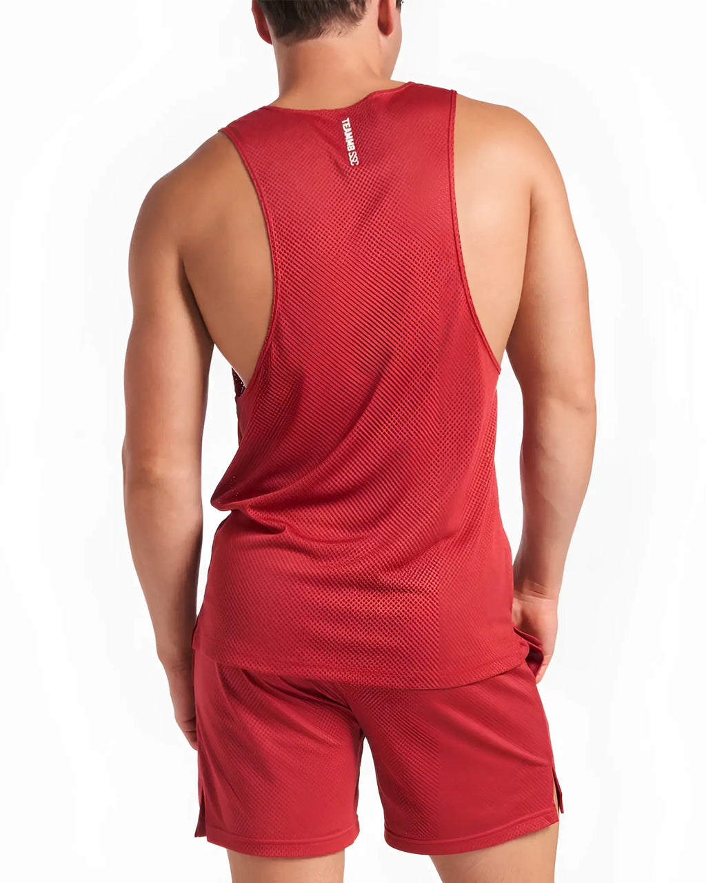Red mesh athletic tank top s.s.c. mesh tank showing back side with small vertical logo on upper back