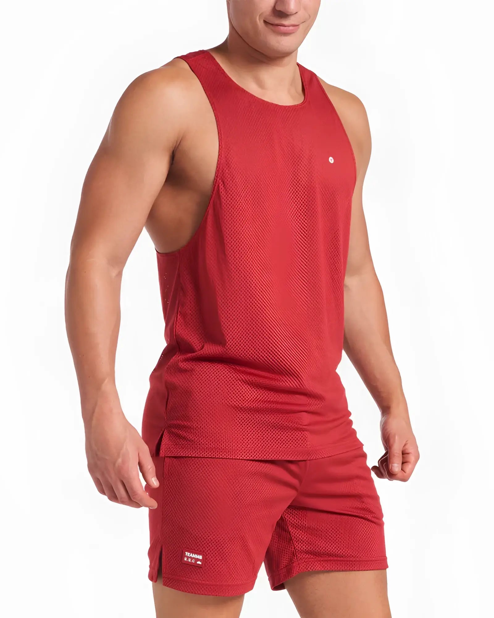 Red mesh athletic tank top with a small white logo on the chest for activewear and training use