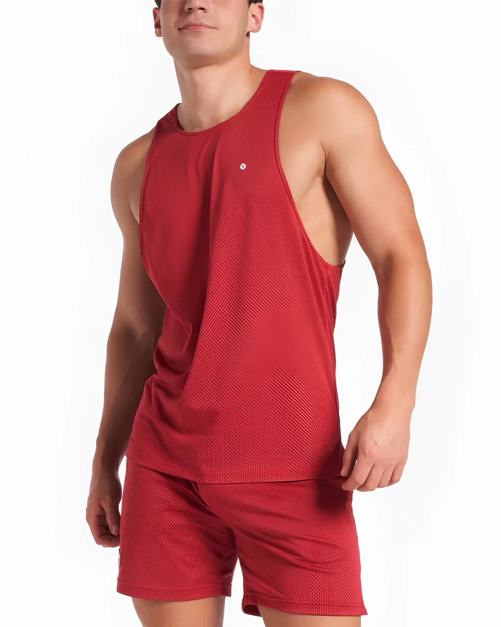 Red mesh athletic tank top with a small white logo on the chest for breathable activewear use