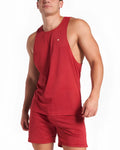 Red mesh athletic tank top with a small white logo on the chest for breathable activewear use