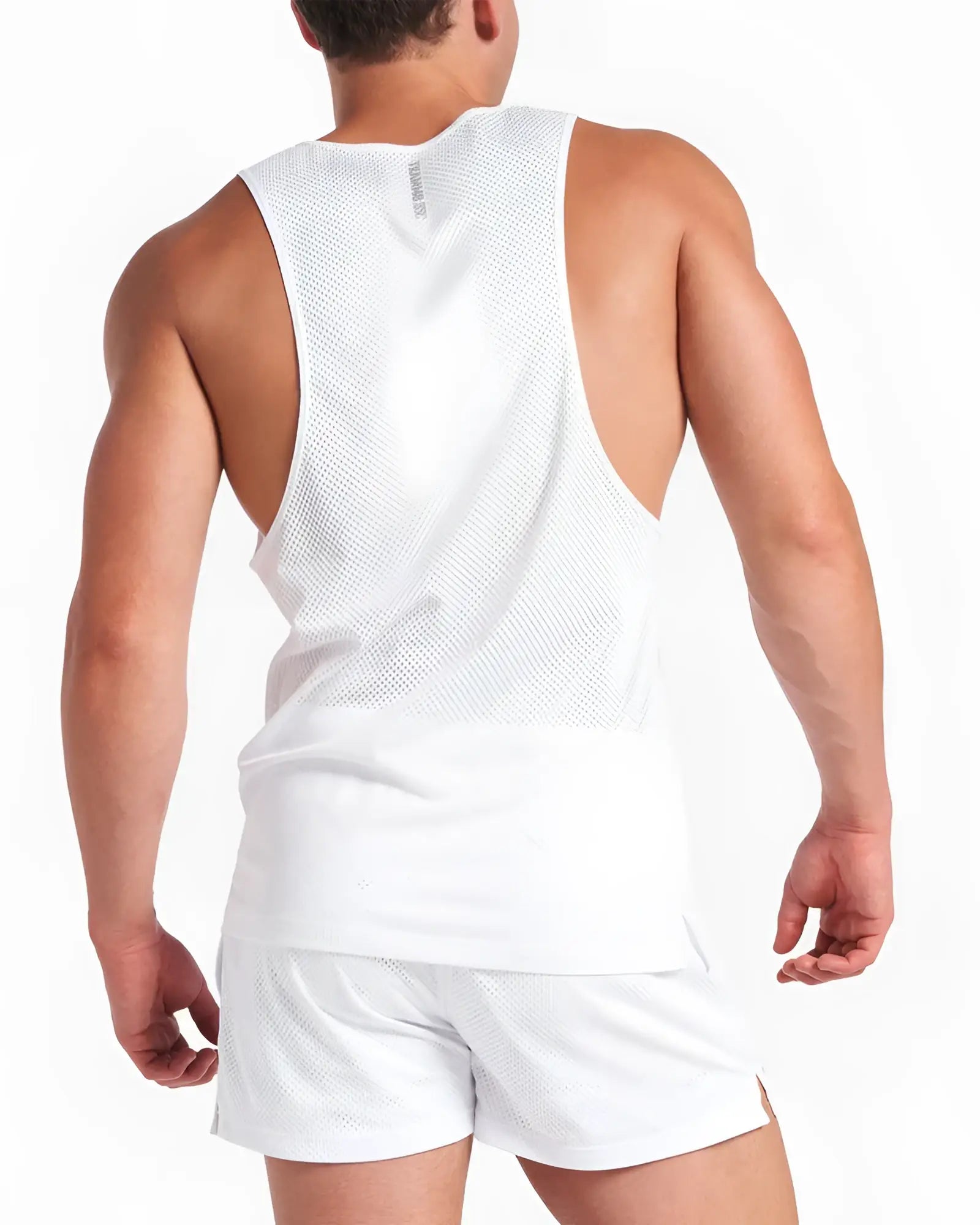 White mesh athletic tank top with solid white hem and matching shorts from s.s.c. mesh tank set