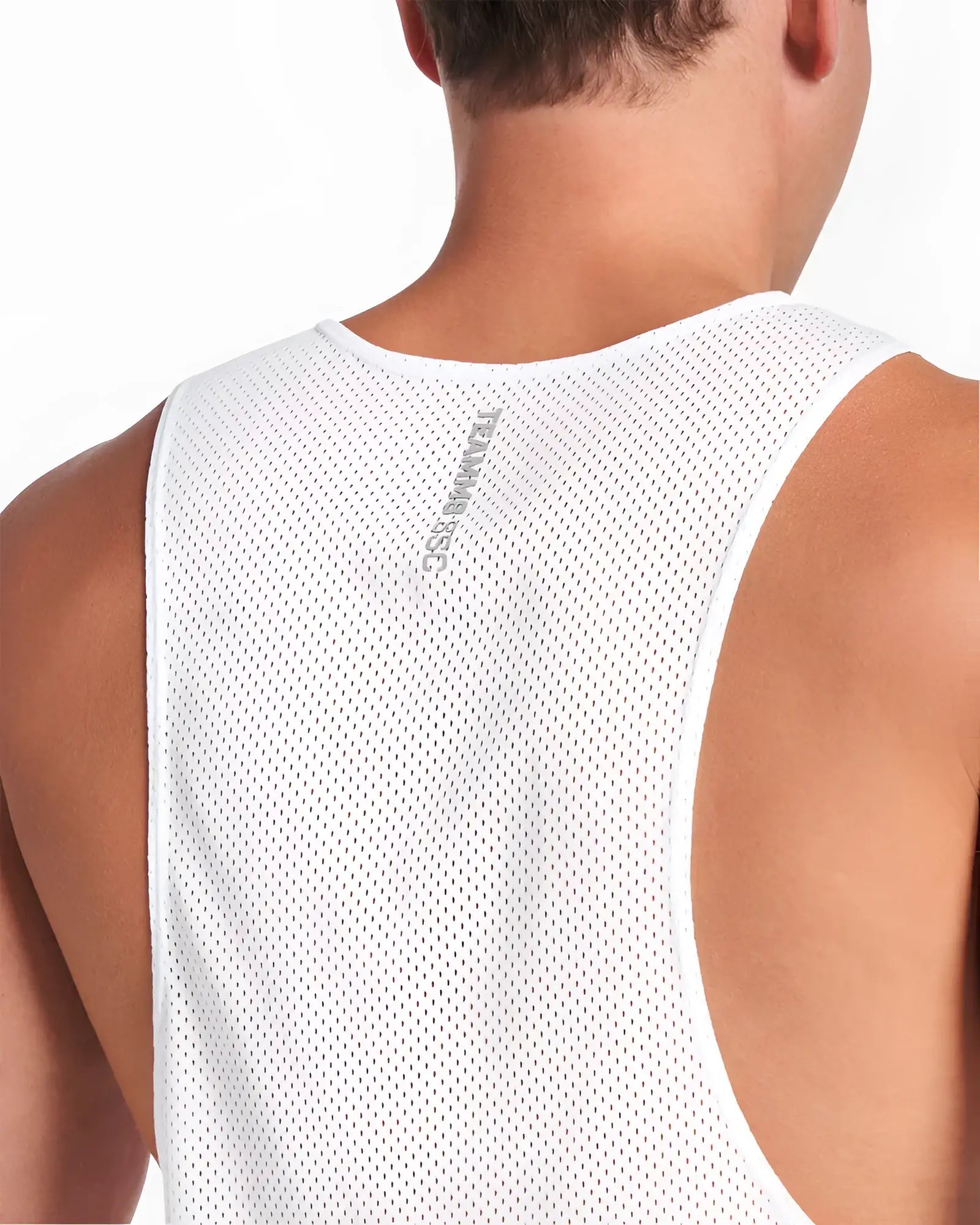 White mesh athletic tank top s.s.c. mesh tank showing back with subtle brand logo for workout and sportswear