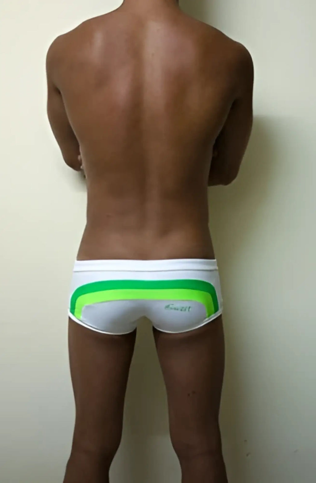 White s by slot m square cut trunk swimwear briefs with lime green and teal stripe waistband and subtle logo