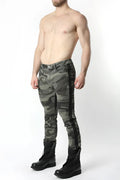 Men’s slim-fit saddle denim camouflage jeans with black zipper accents down the outer leg