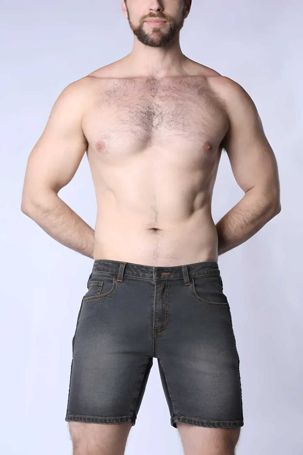 Saddleback denim short dark-wash denim shorts with classic five-pocket design and stitched hem
