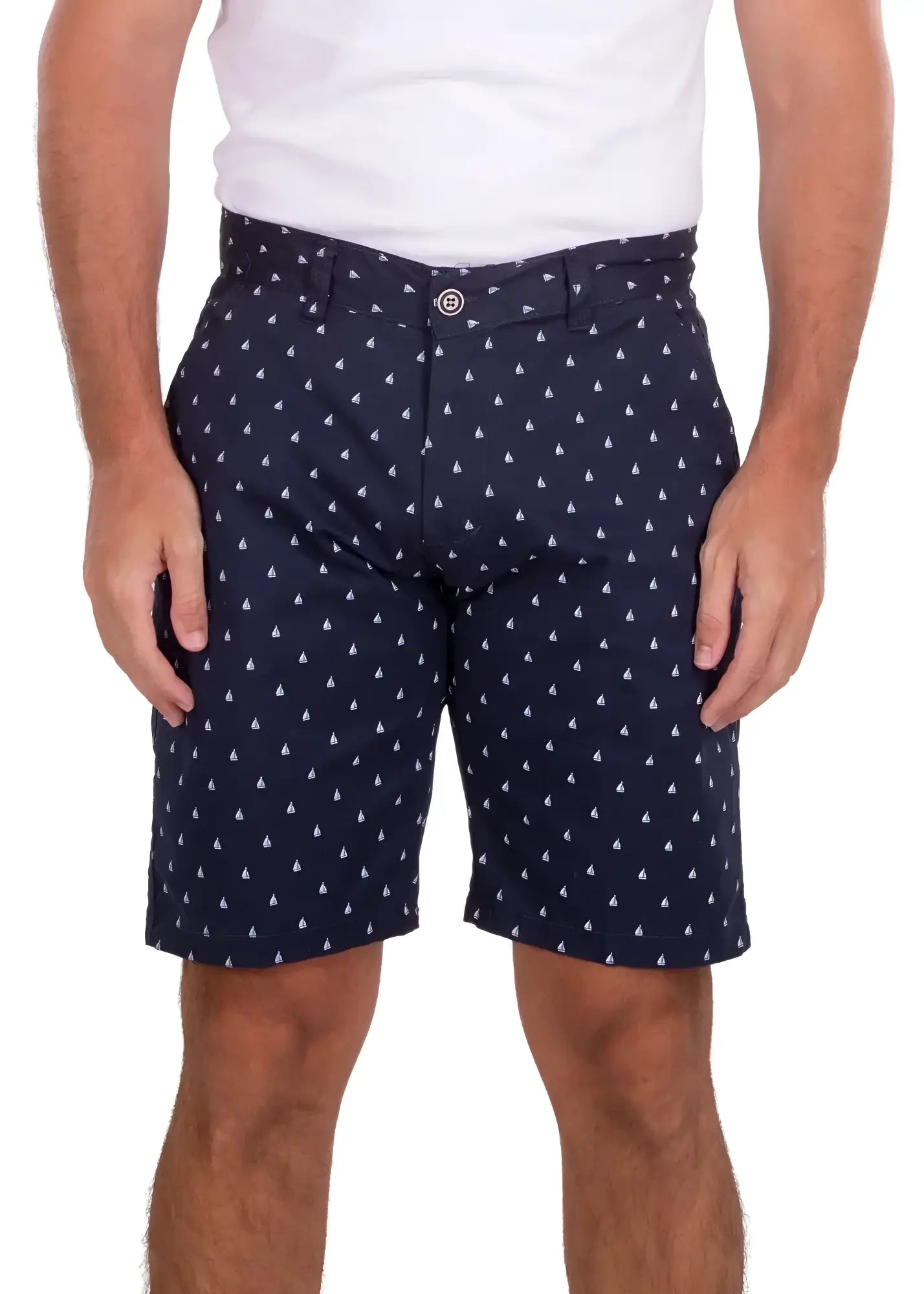 Dark navy sailboat print shorts with a subtle pattern of small white triangles perfect for casual wear