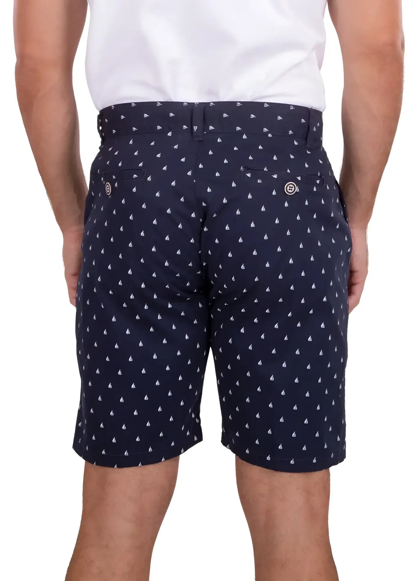 Dark navy sailboat print short with subtle white triangle pattern tailored fit and branded button details