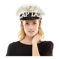 White and black sailor captain hat adorned with rhinestones anchor emblem and bold captain lettering
