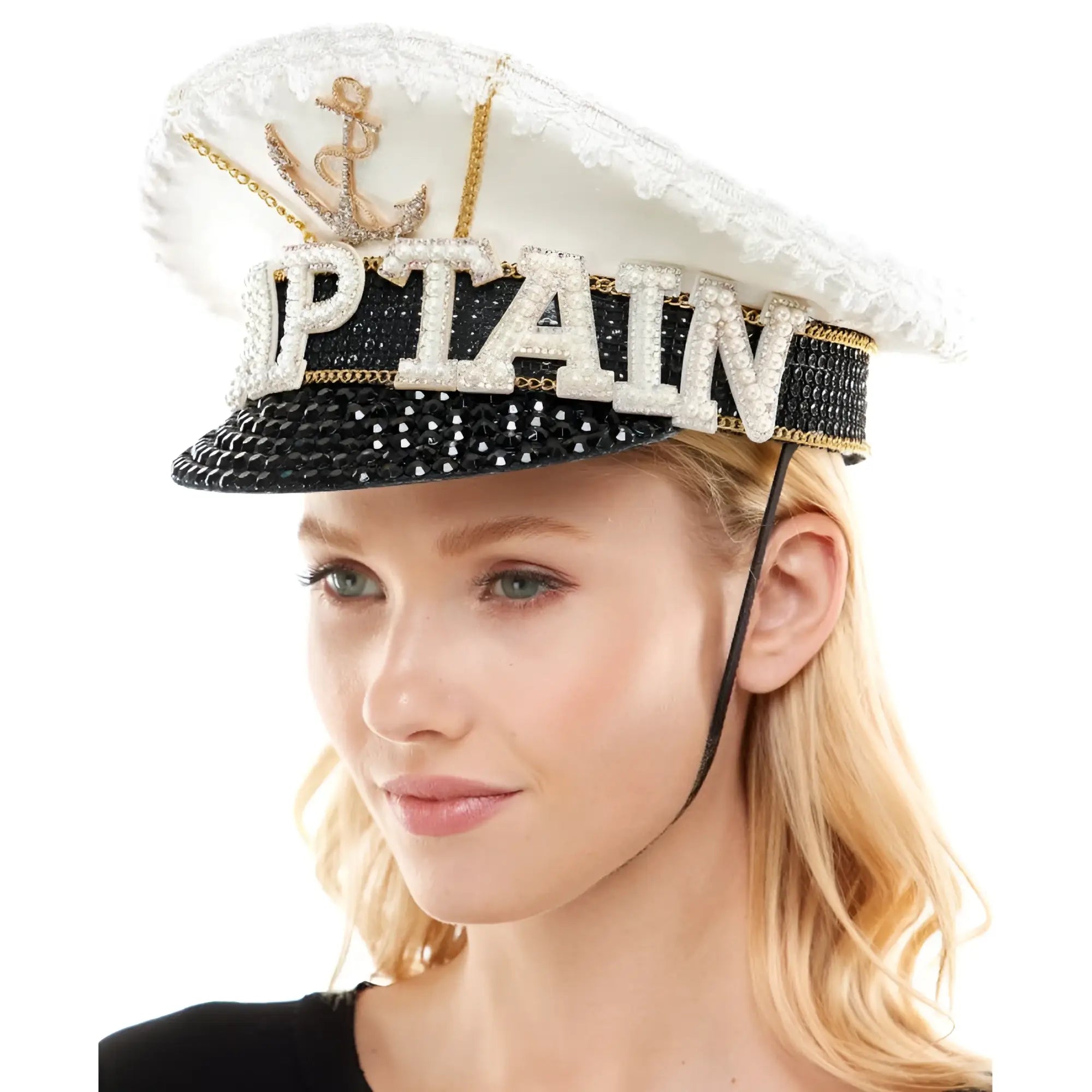 Sailor captain hat with sparkling white and black design, gold anchor, rhinestone captain lettering, and sequined details