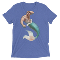 Blue heathered t-shirt featuring a detailed illustration of a muscular bearded merman with teal and white scaled tail