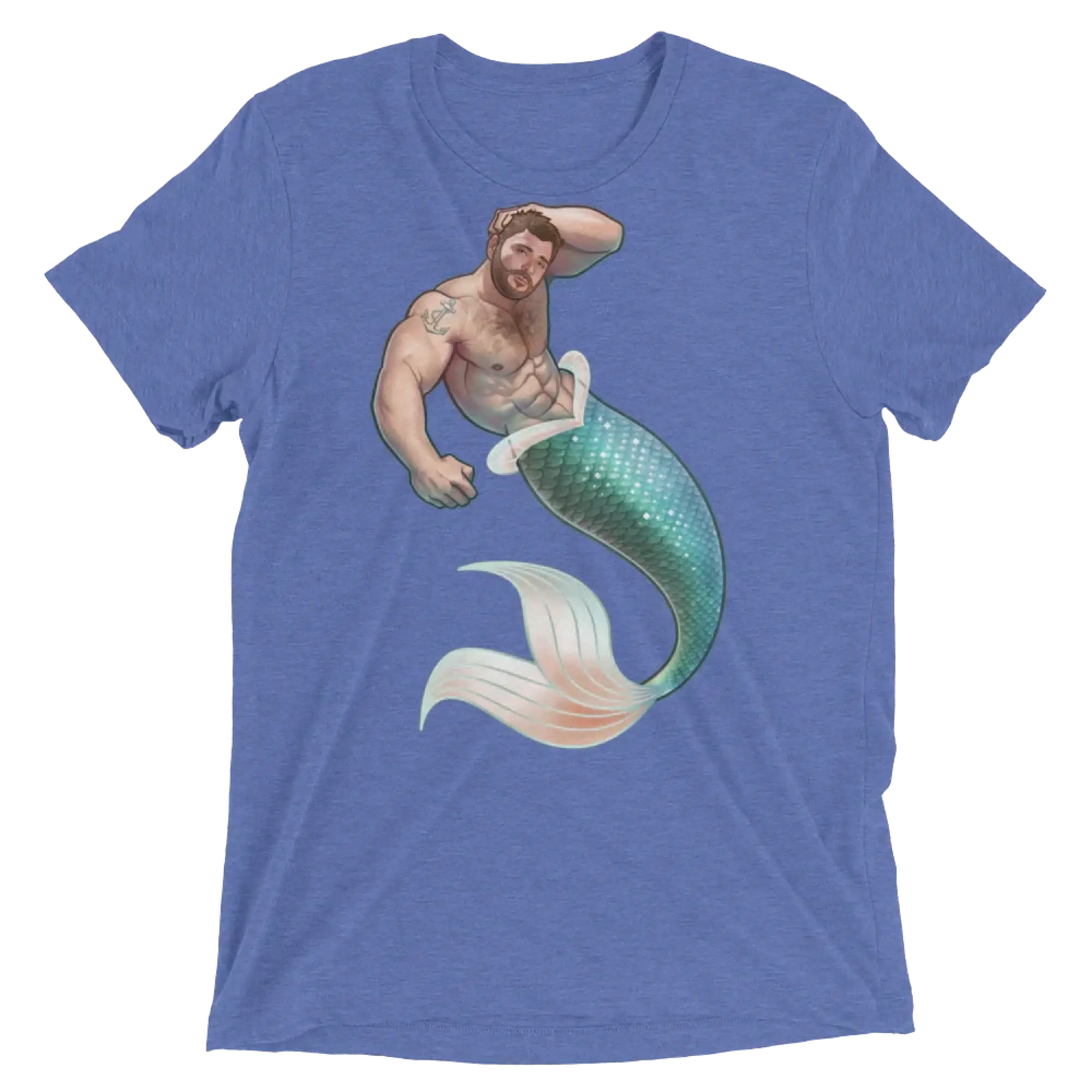 Blue heathered t-shirt featuring a detailed illustration of a muscular bearded merman with teal and white scaled tail salt of the sea