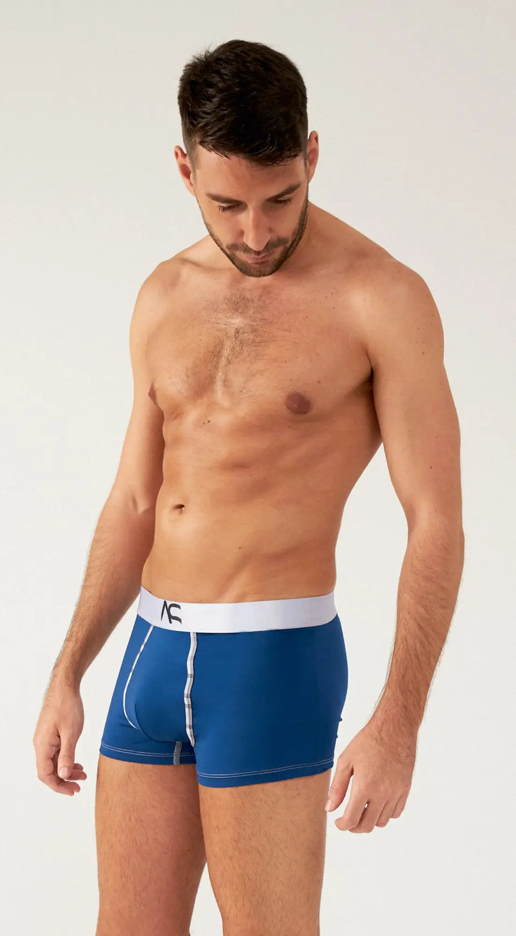 Saltire boxer briefs in blue with a white waistband featuring the ac logo and subtle white side stitching