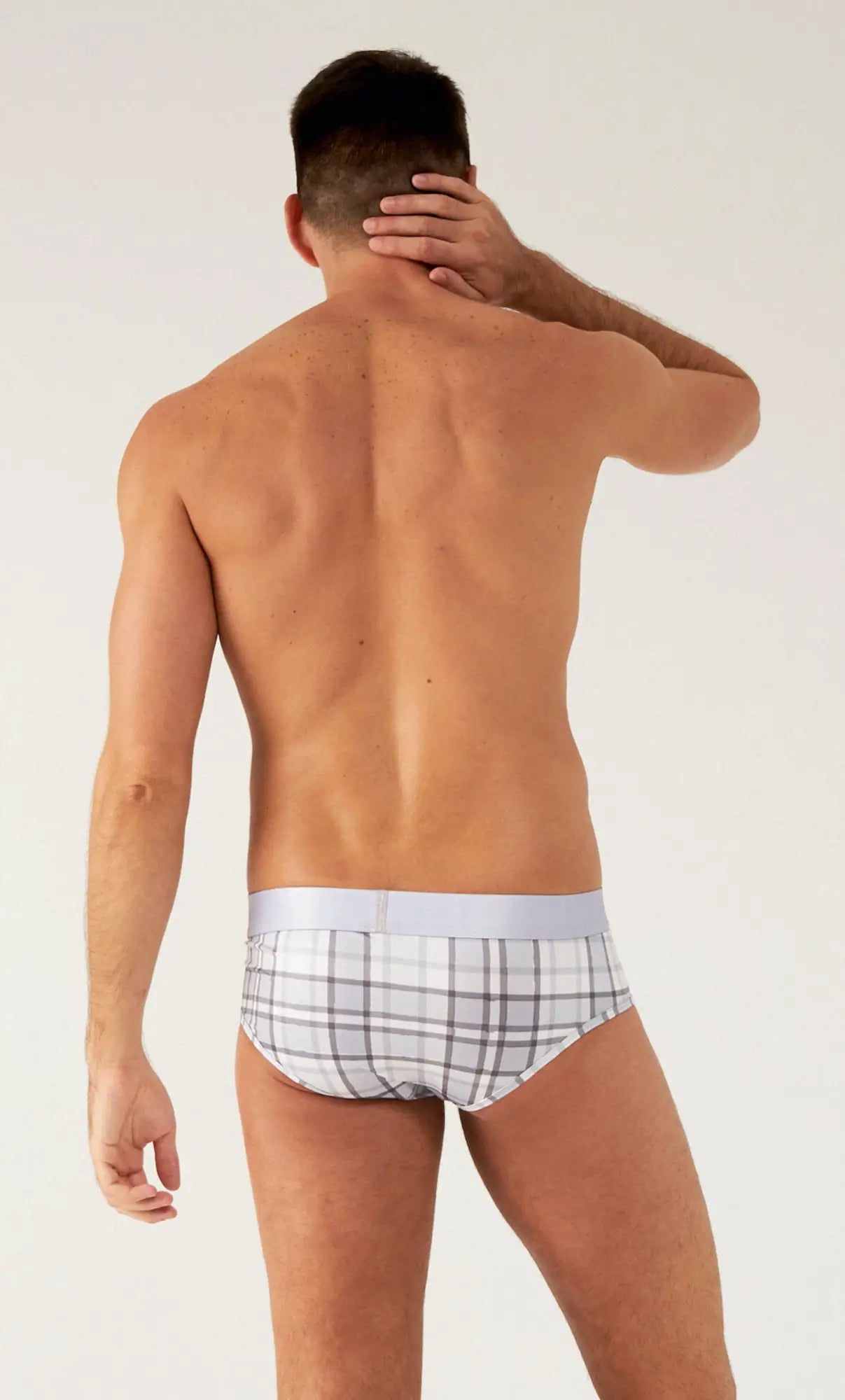 Saltire briefs are white and gray plaid with a light blue waistband designed for comfortable everyday wear