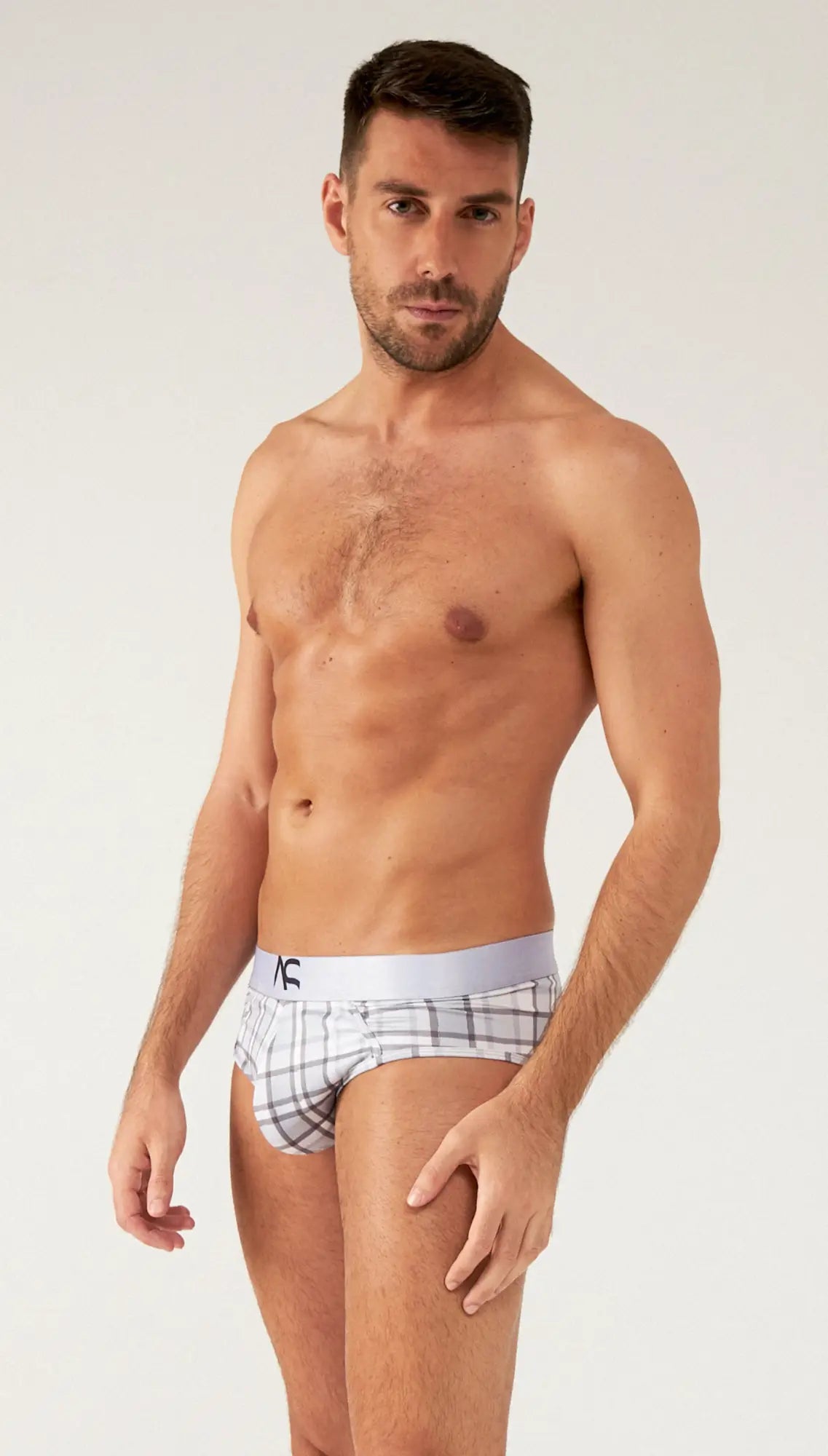 Saltire briefs featuring white and gray plaid fabric with a light gray elastic waistband and ac logo